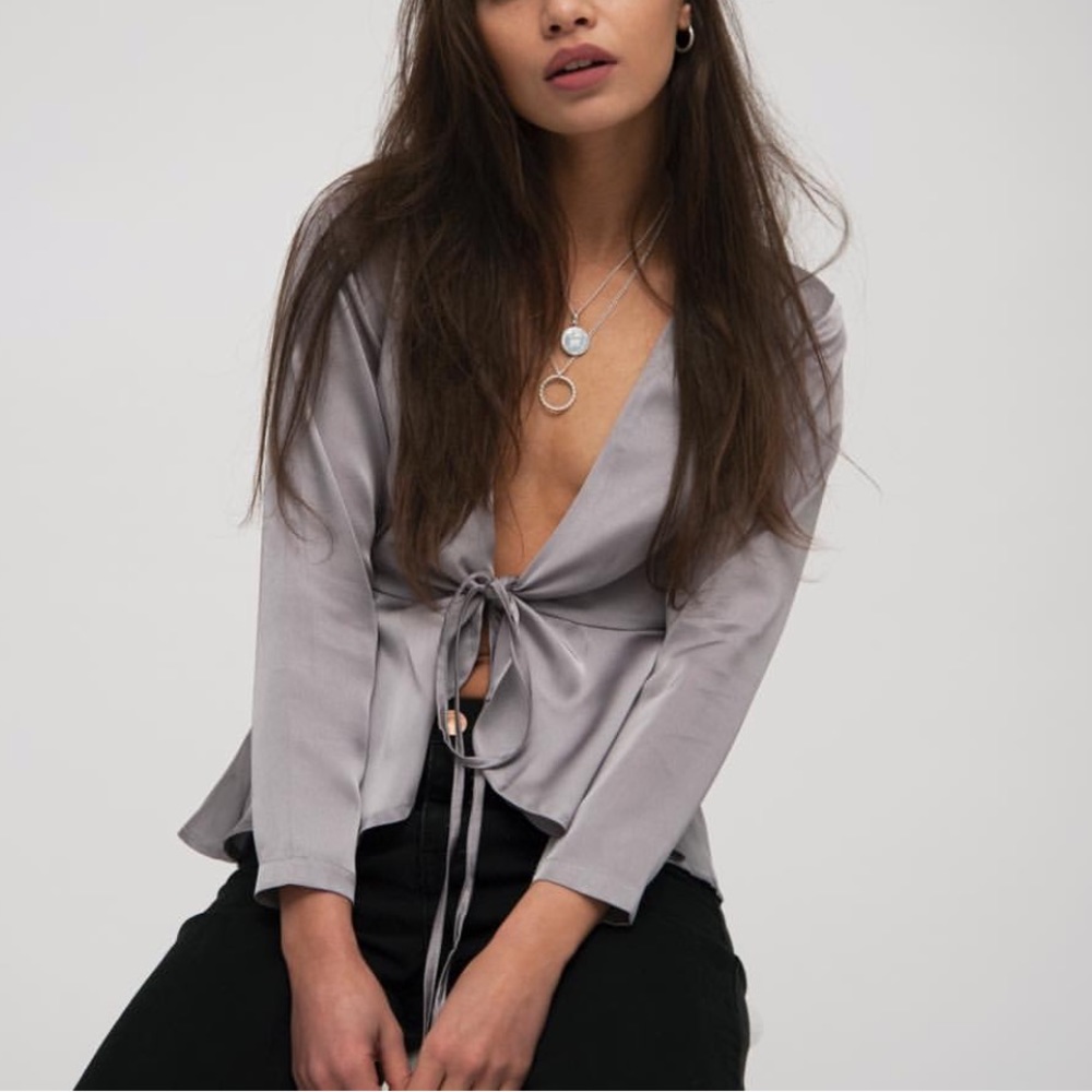 Silver metallic tie blouse